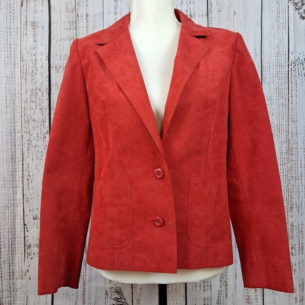 Vintage 70s ERNST STRAUSS‎ SCHNELL 10 Orange Red Ultrasuede Blazer Jacket Moto